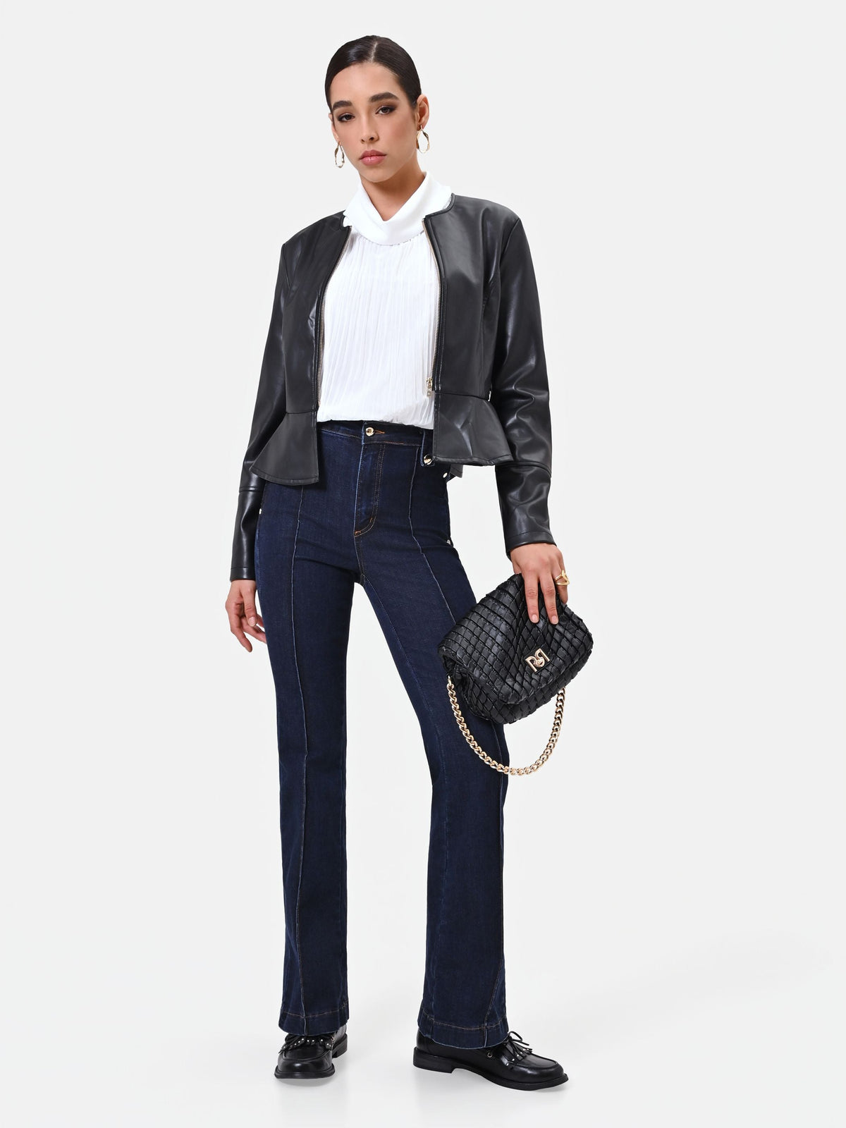 Jeans flare blu navy con bottoni dorati