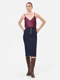 Gonna tubino blu navy in denim con bottoni dorati