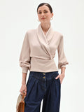Blusa a portafoglio in raso tortora beige