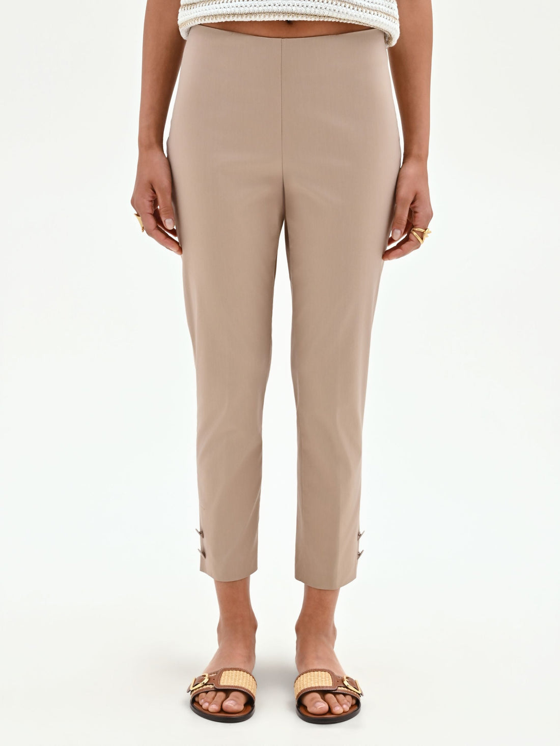 Pantalone cropped tortora beige con spacchi in raso di cotone