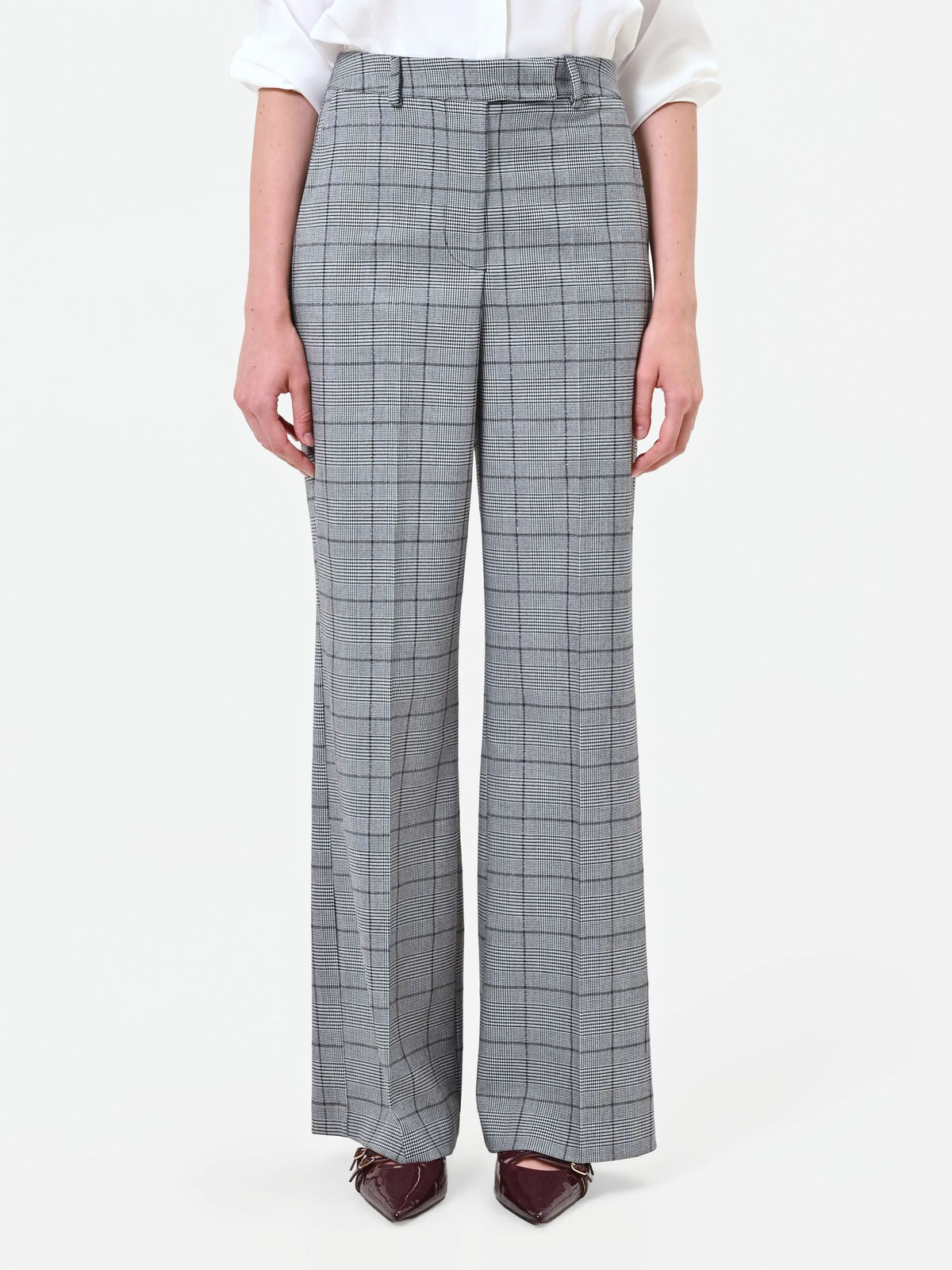 Pantalone grigio a gamba ampia con fantasia check