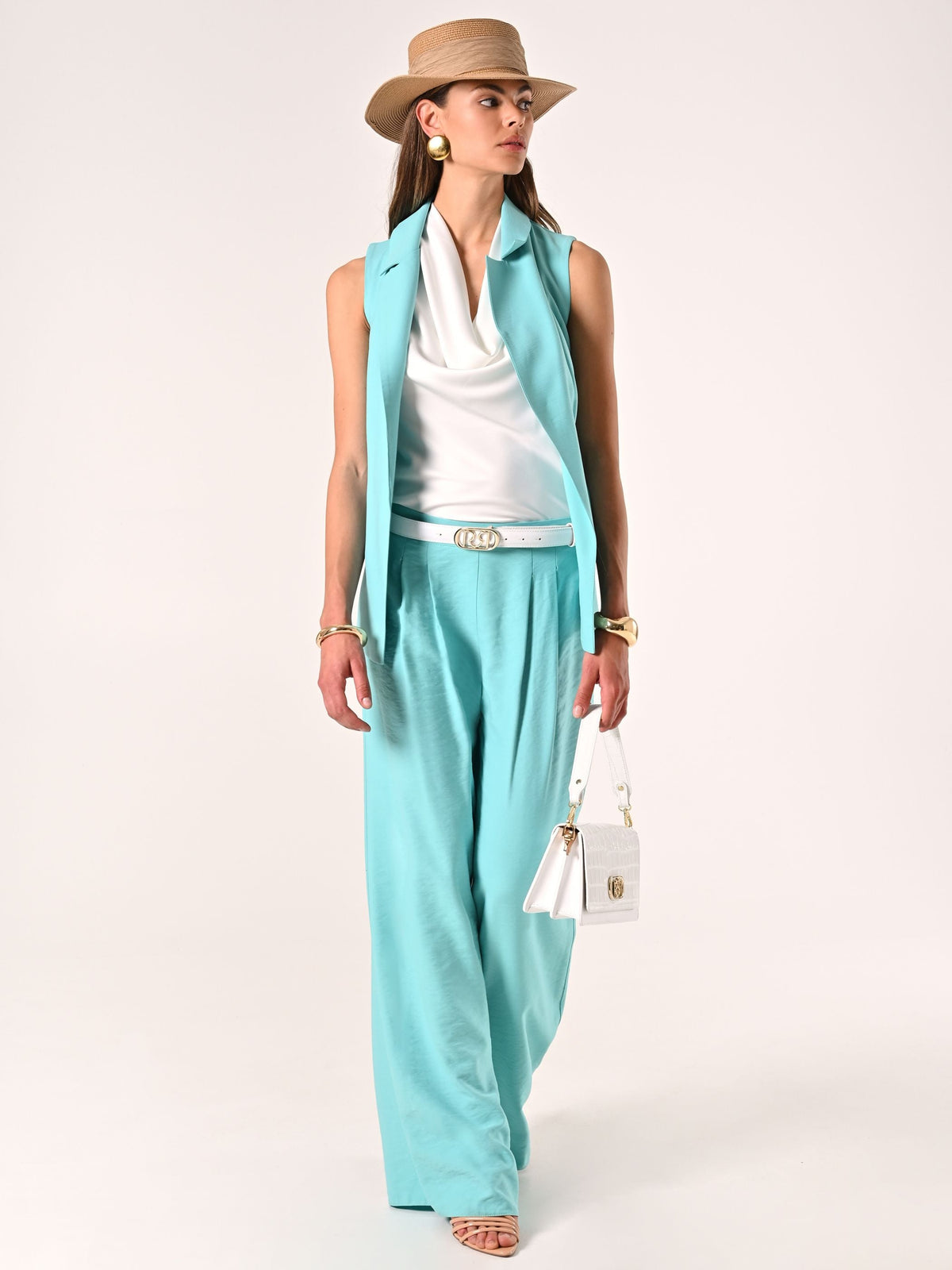 Pantaloni Ampi Verde Acqua in Misto Viscosa effetto Crinkle