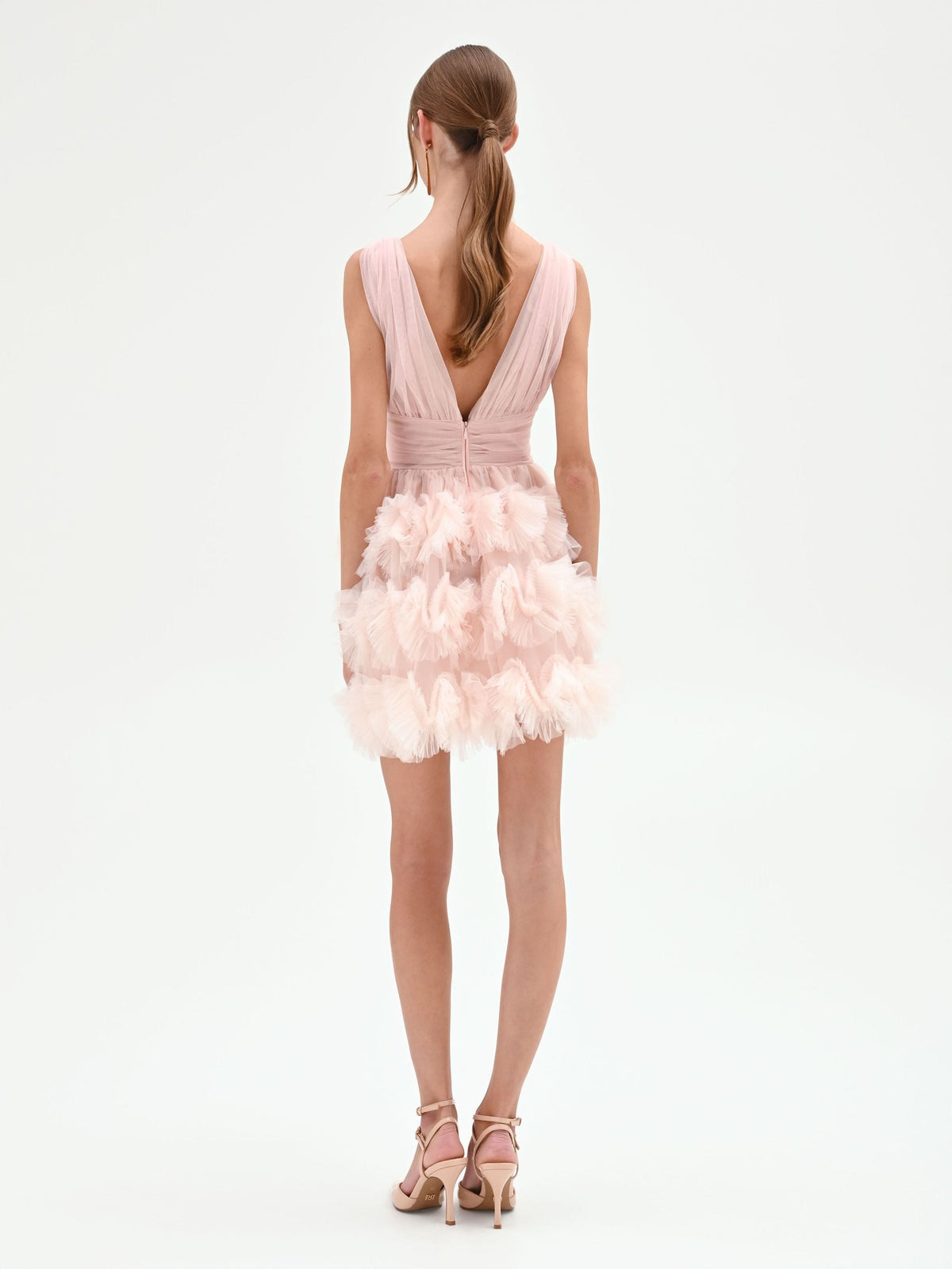 Abito corto rosa cipria con gonna in tulle