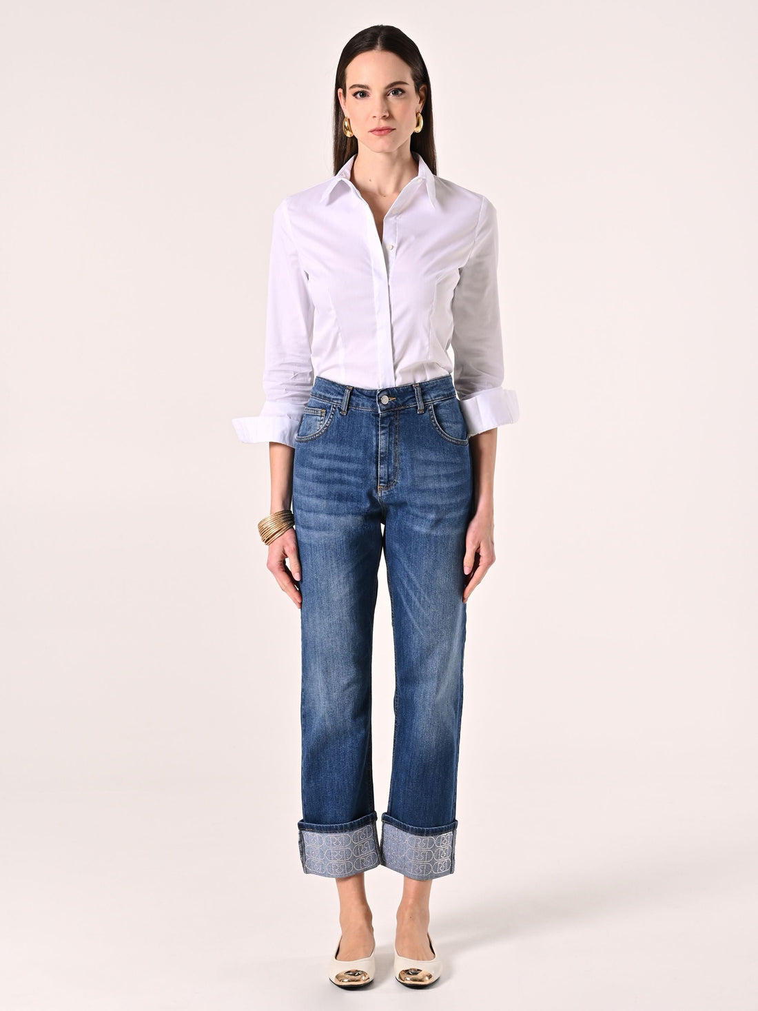 Jeans con Risvolto Logo Strass