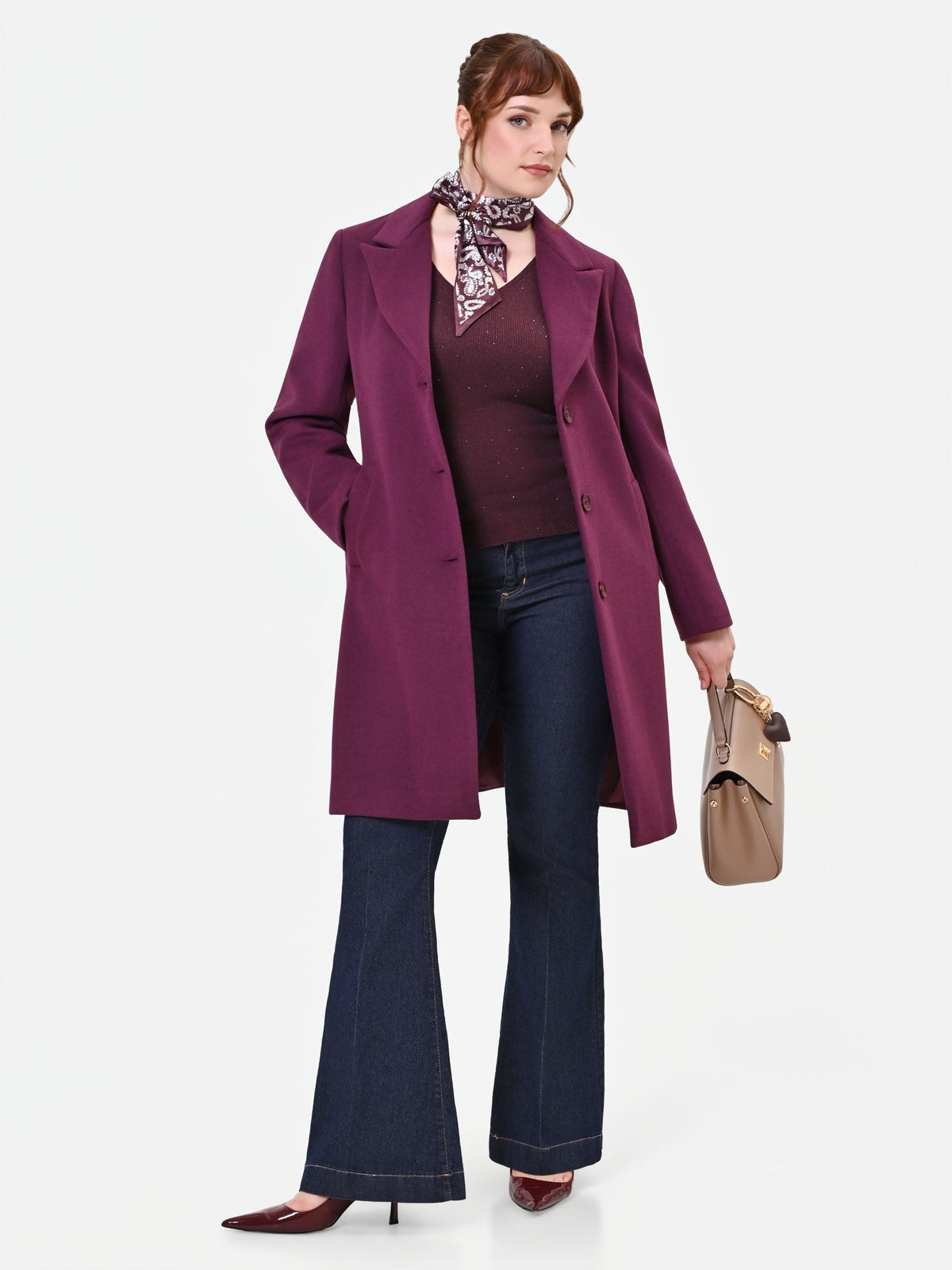 Cappotto Curvy monopetto bordeaux rosso in velaur