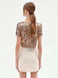 Blusa crop in paillettes marrone bronzo