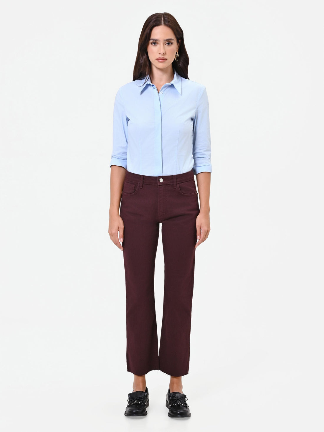 Pantalone cropped bordeaux rosso in twill di cotone
