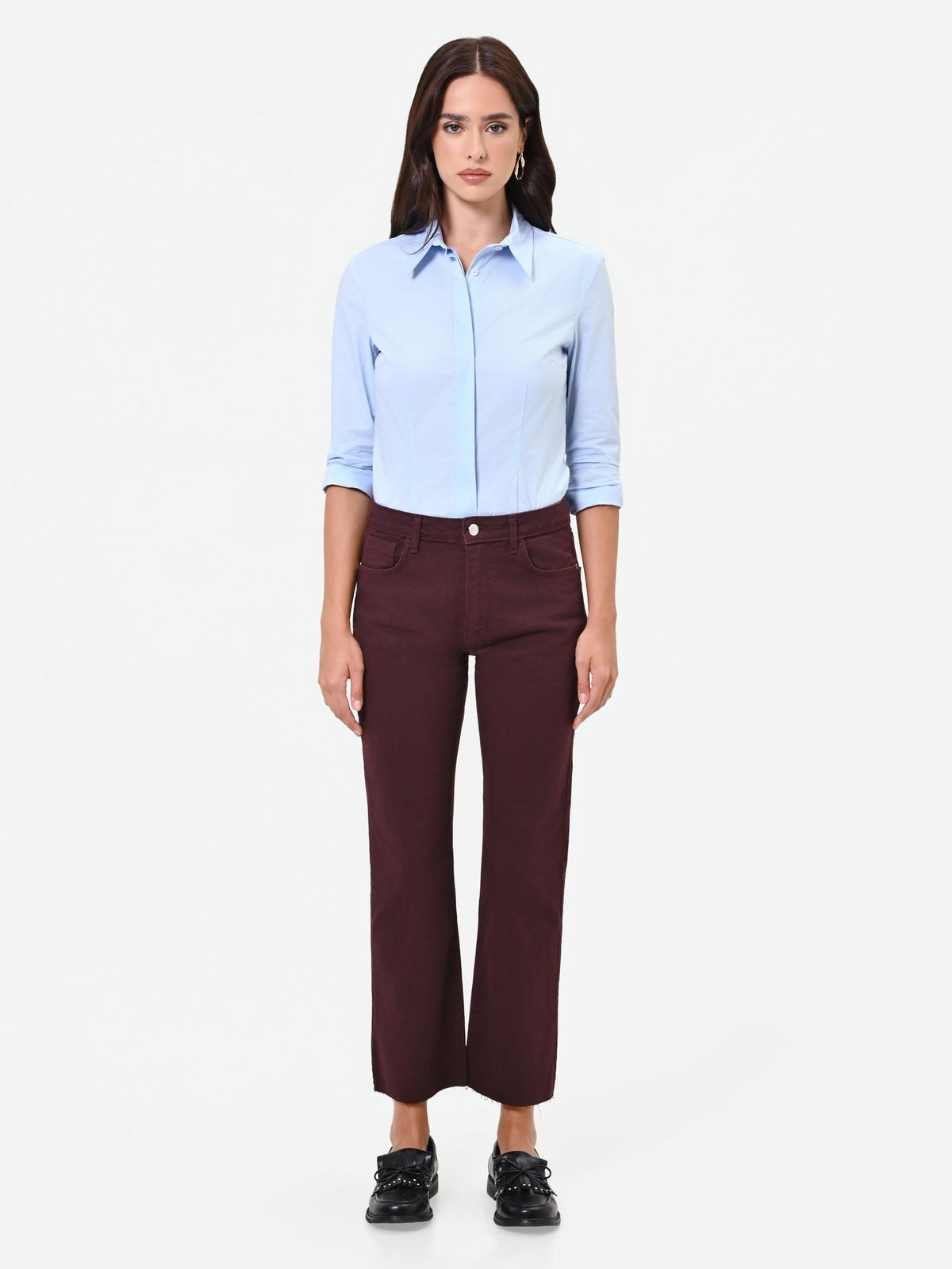 Pantalone cropped bordeaux rosso in twill di cotone