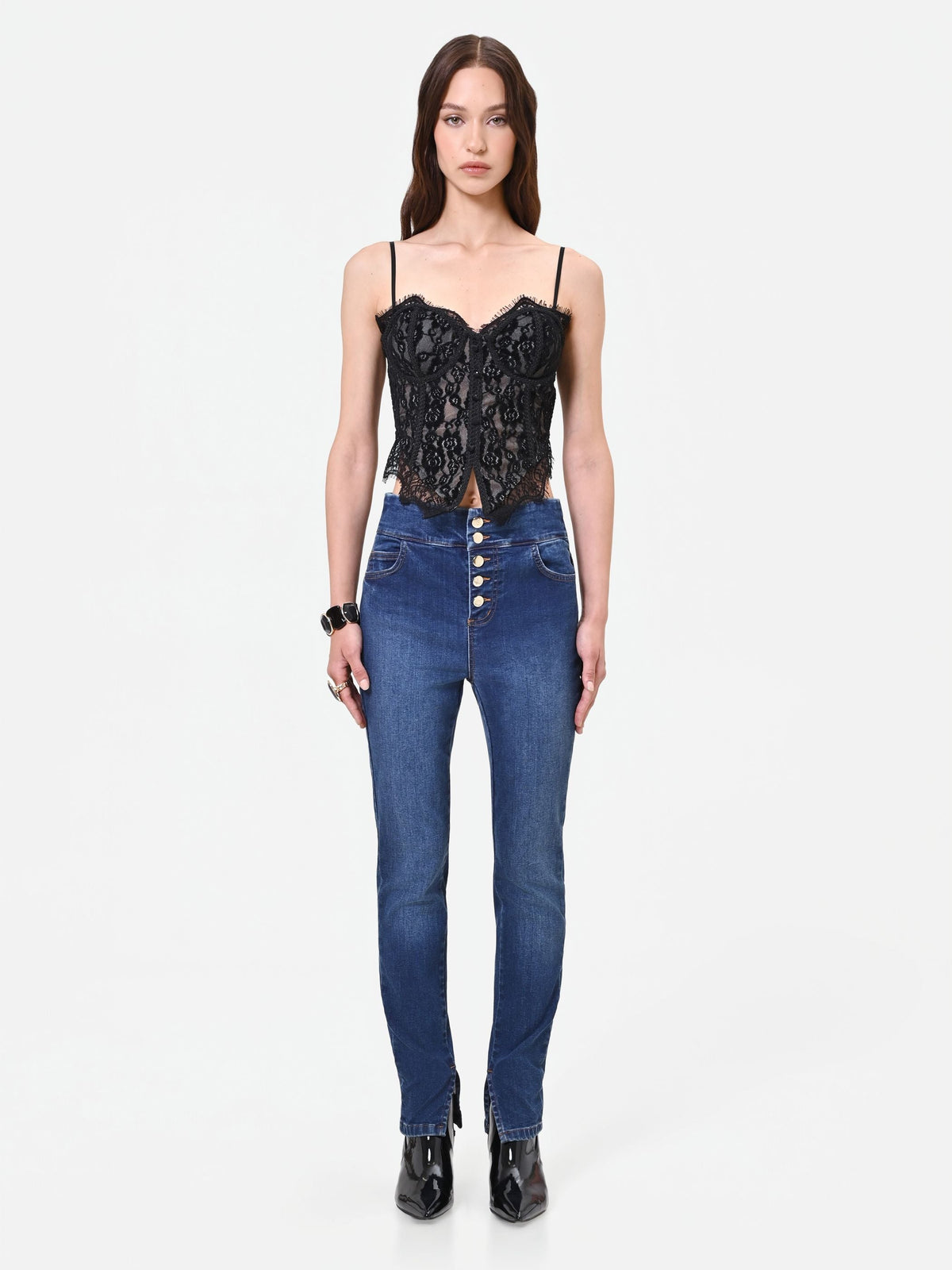 Jeans skinny blu con bottoni piatti