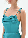 Abito lungo atelier  verde smeraldo con scollo drappeggiato