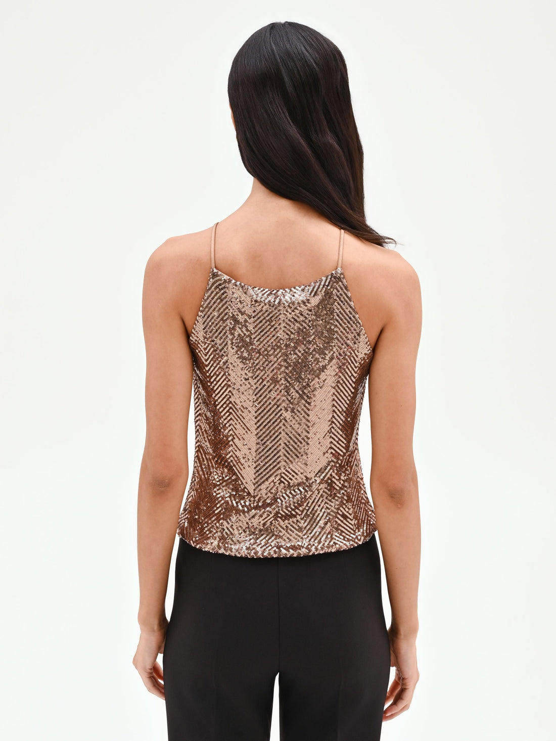 Top scollo halter in paillettes marrone bronzo