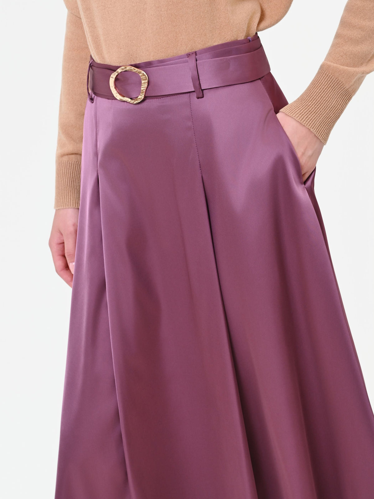 Gonna midi in raso rosa antico con cintura