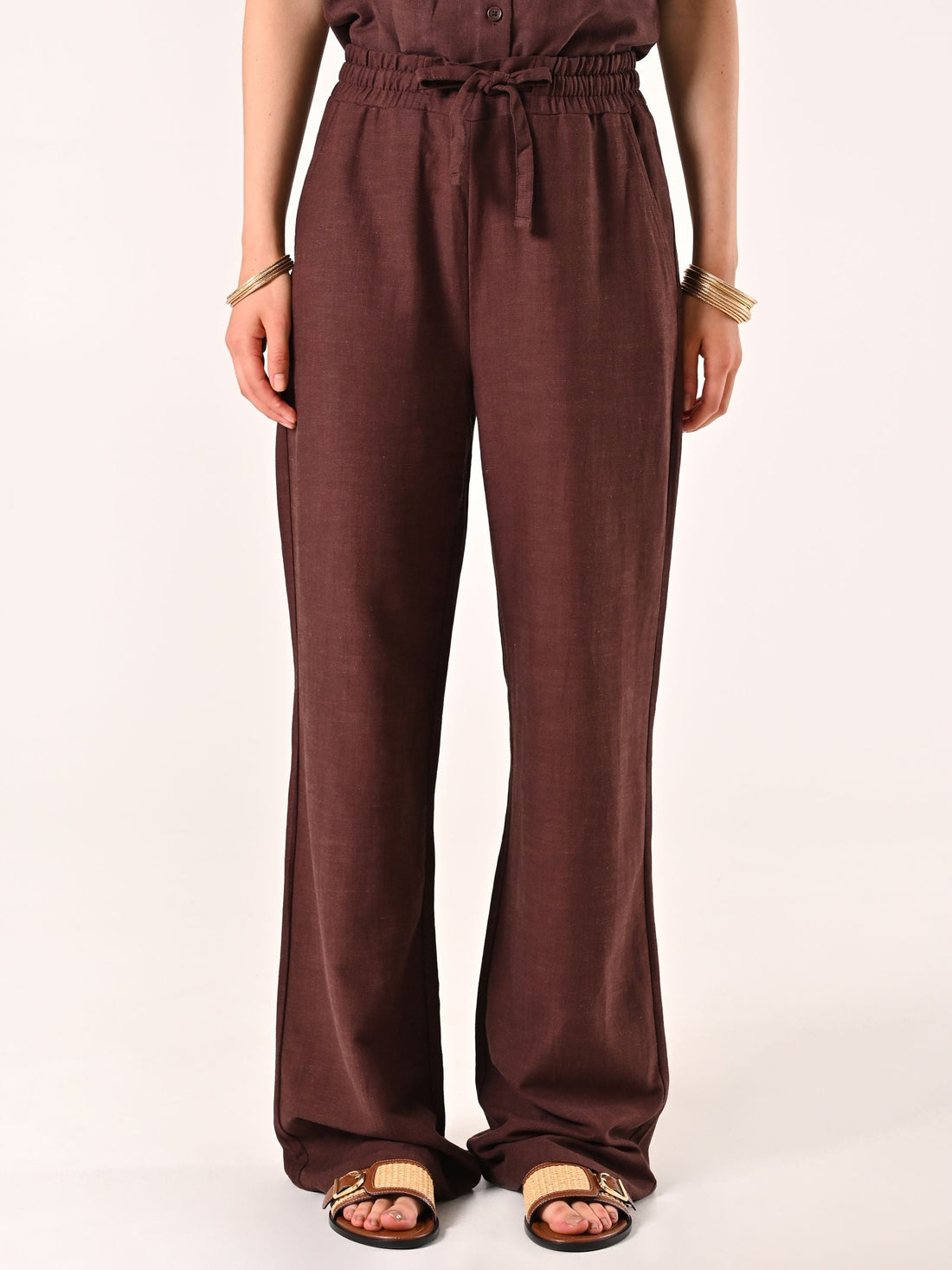 Pantaloni Marrone Cioccolato Ampi in Lino Cotone