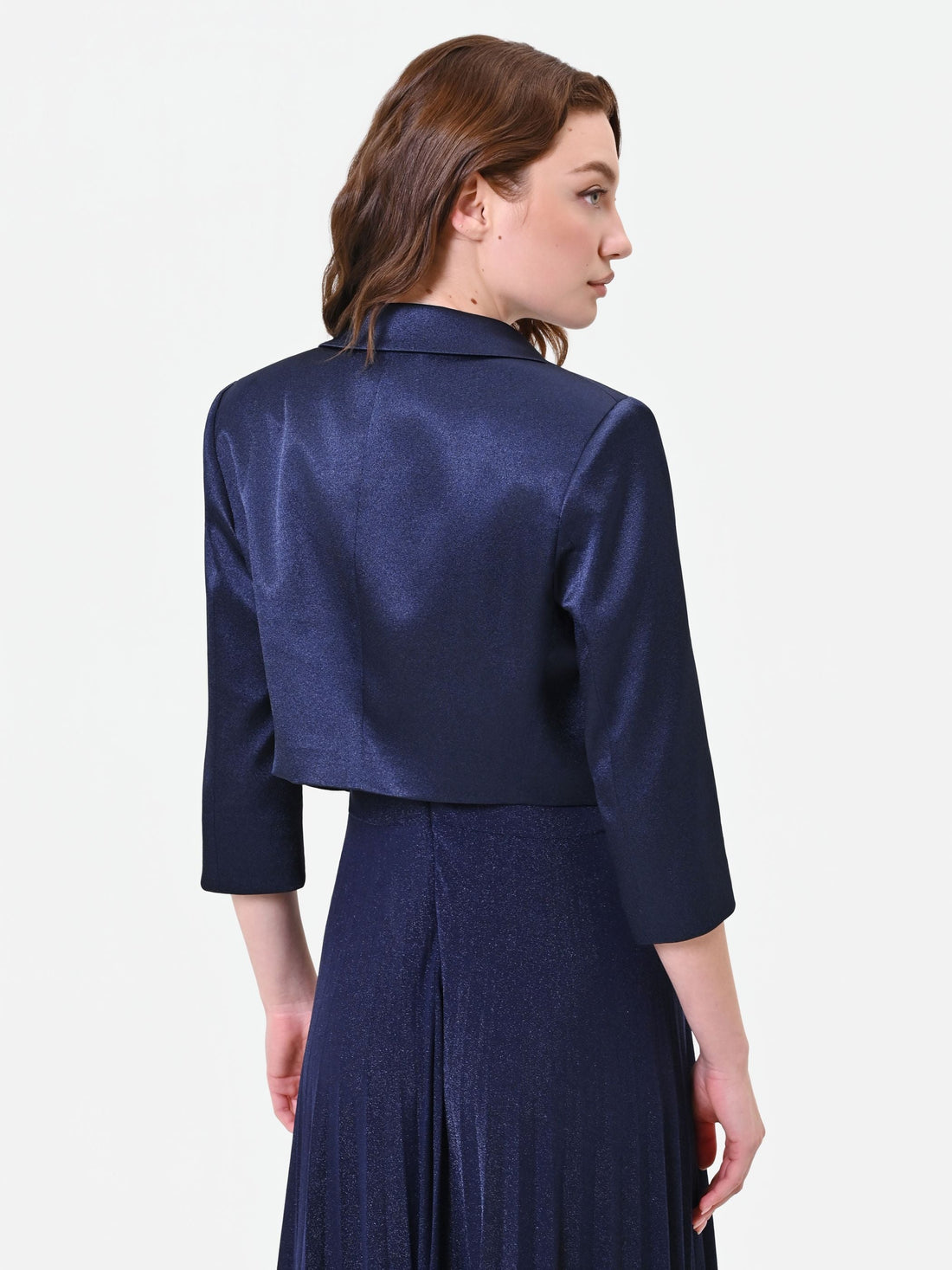 Giacca bolero blu navy con revers in raso