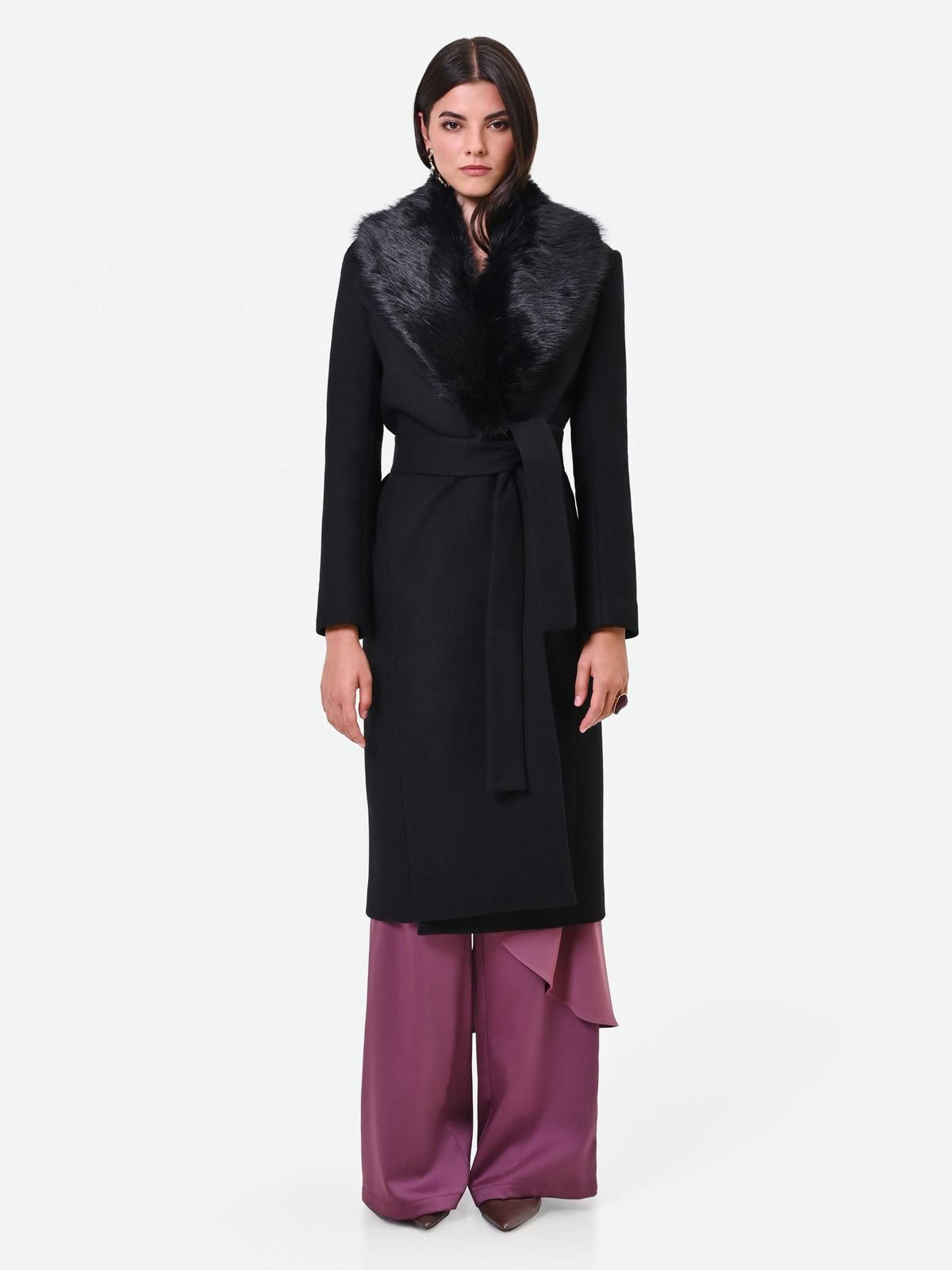 Cappotto midi nero con collo effetto pelliccia misto lana Giorgia Palmas X Rinascimento