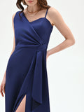 Abito atelier lungo blu indaco con nodo drappeggiato