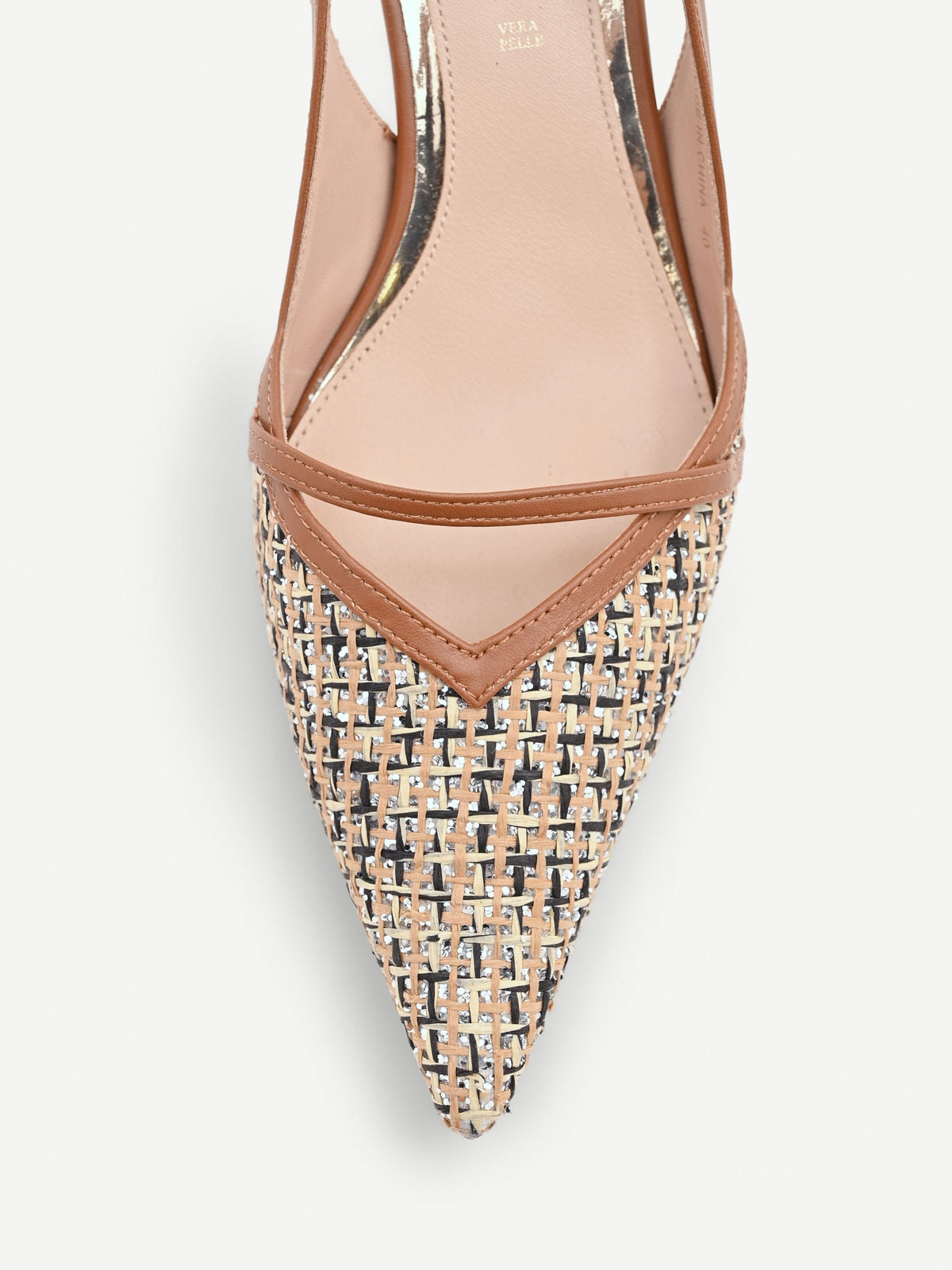 Slingback marrone cuoio con intreccio e paillettes