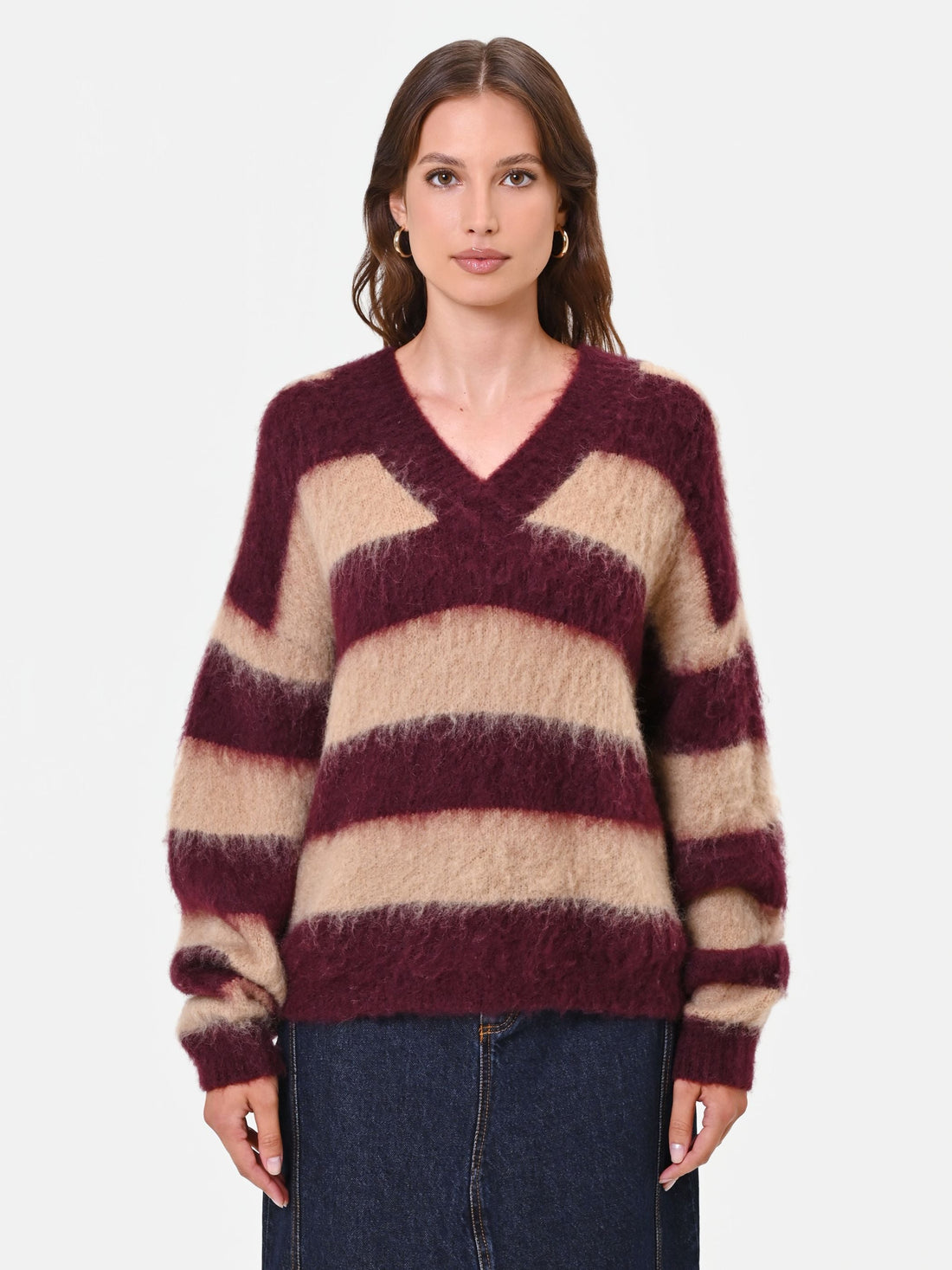Maglia tortora beige a righe misto lana e mohair