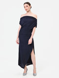 Abito lungo blu navy glitter con scollo drappeggiato