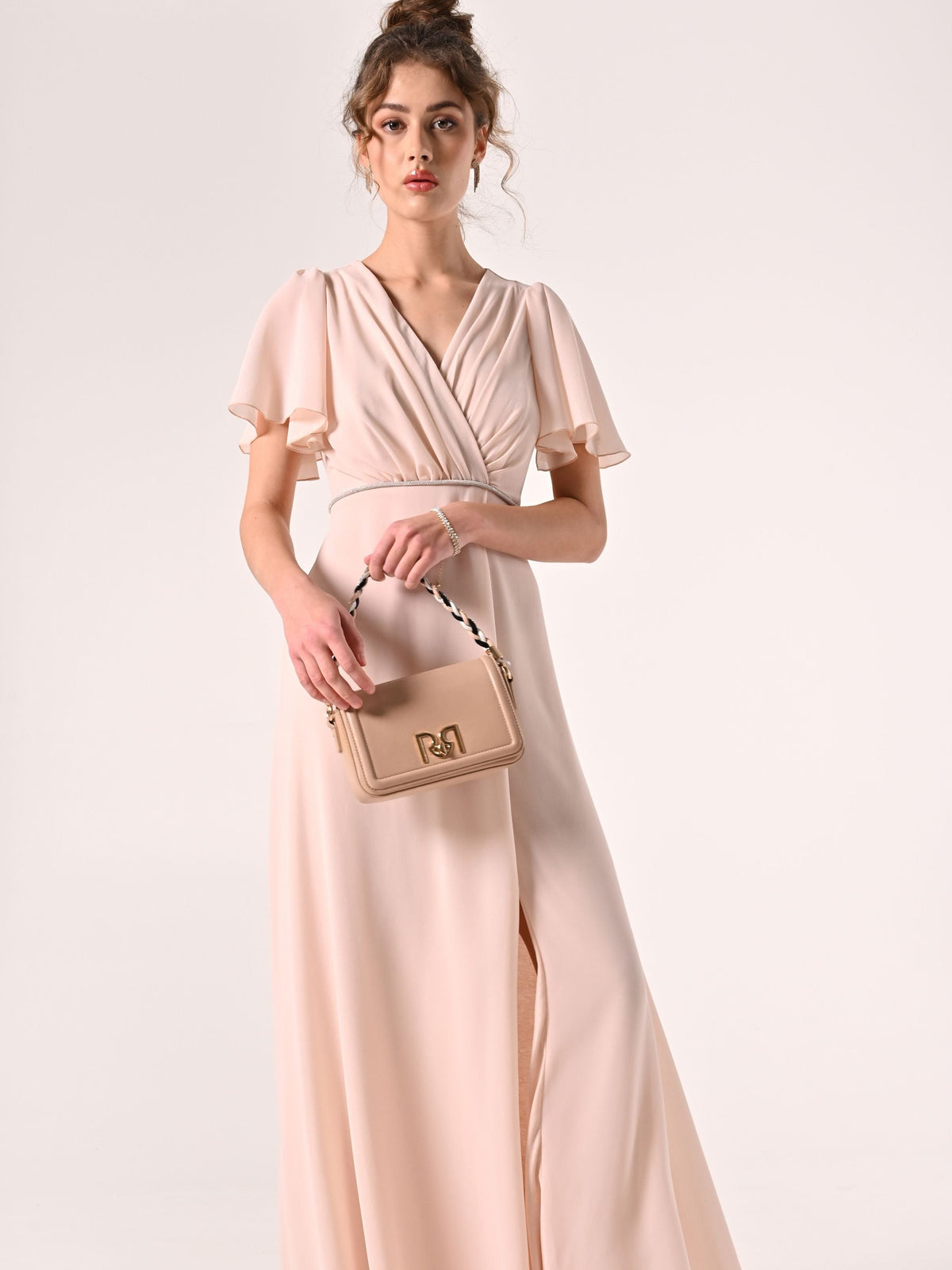 Abito Lungo in Georgette con Piping Strass