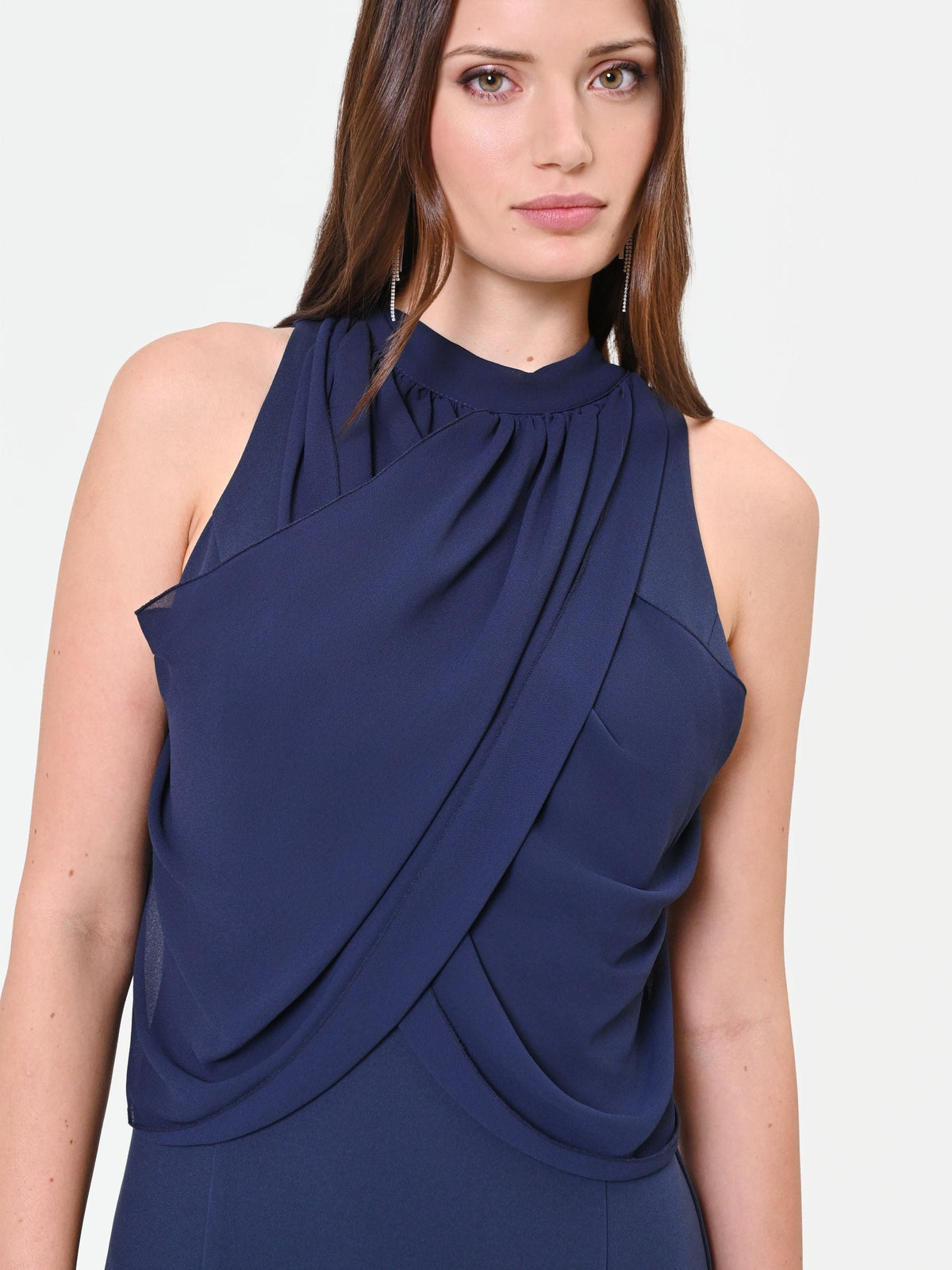 Abito lungo blu navy con drappeggio sullo scollo