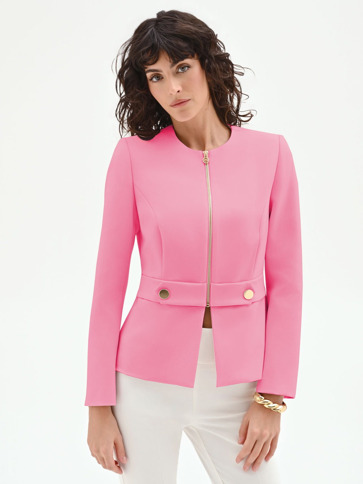 Giacca rosa con fascia in vita e zip dorata