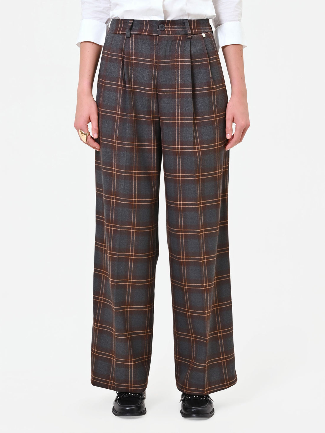 Pantalone a palazzo marrone con motivo check