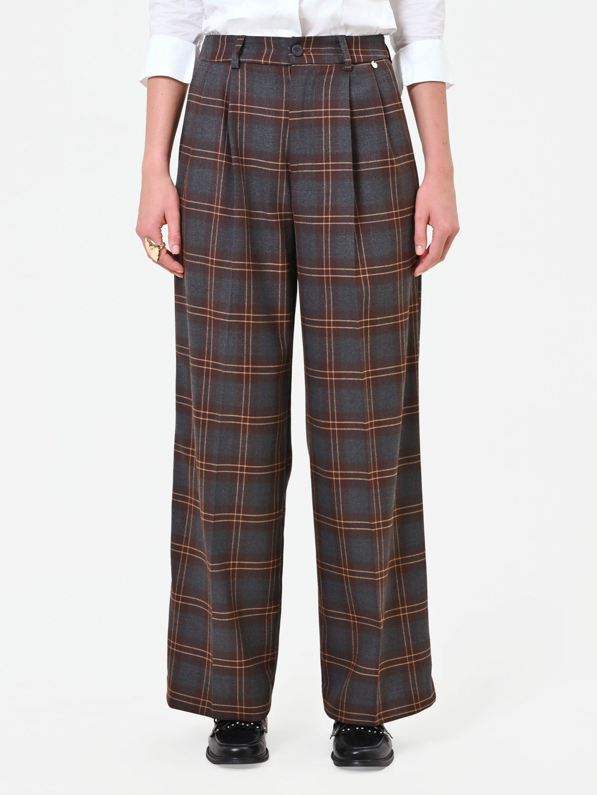 Pantalone a palazzo marrone con motivo check