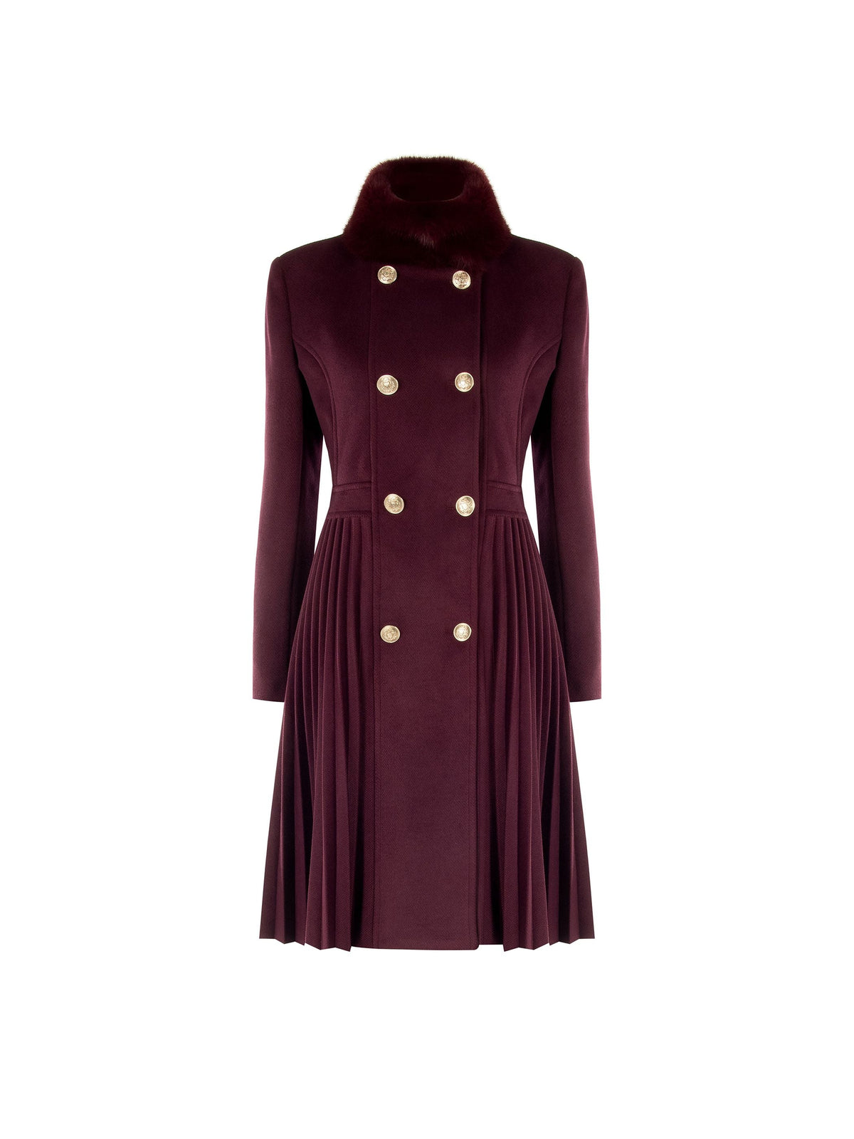 Cappotto doppiopetto bordeaux con fondo a pieghe