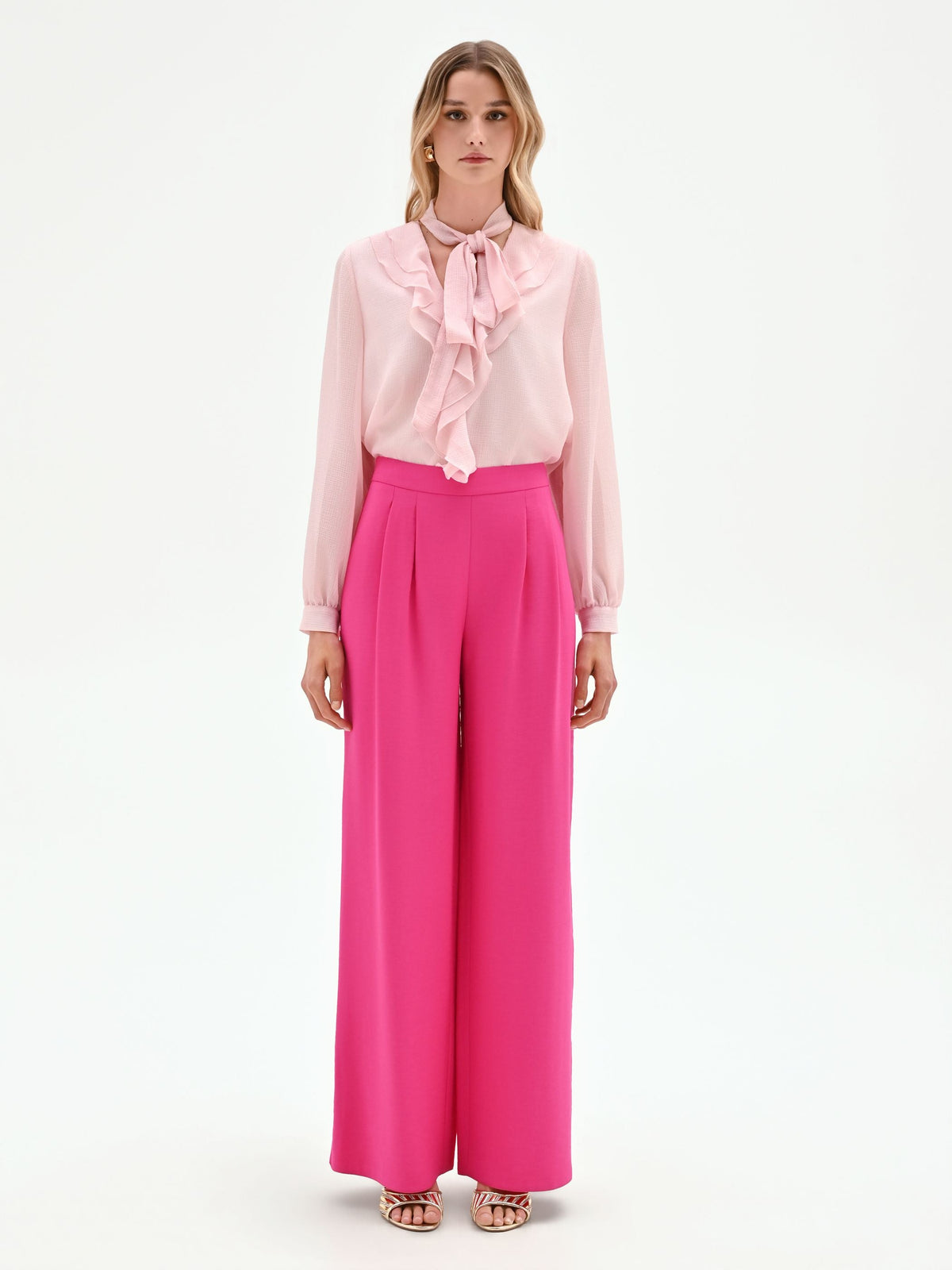 Pantalone palazzo fucsia a vita alta in poliviscosa