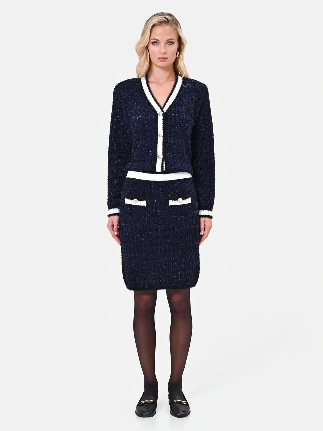 Gonna tubino in maglia blu navy con profili a contrasto