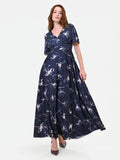 Abito lungo blu navy in raso con stampa a fiori