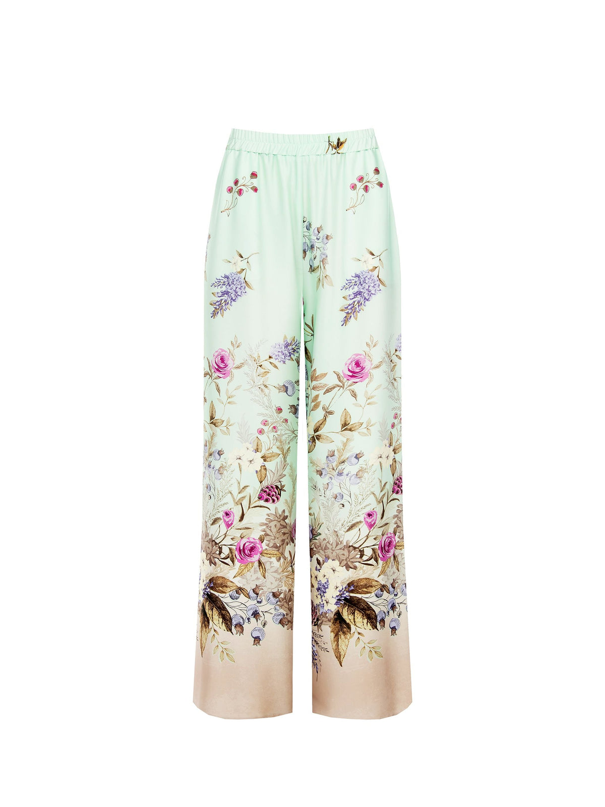 Pantalone palazzo verde menta in raso con stampa botanica