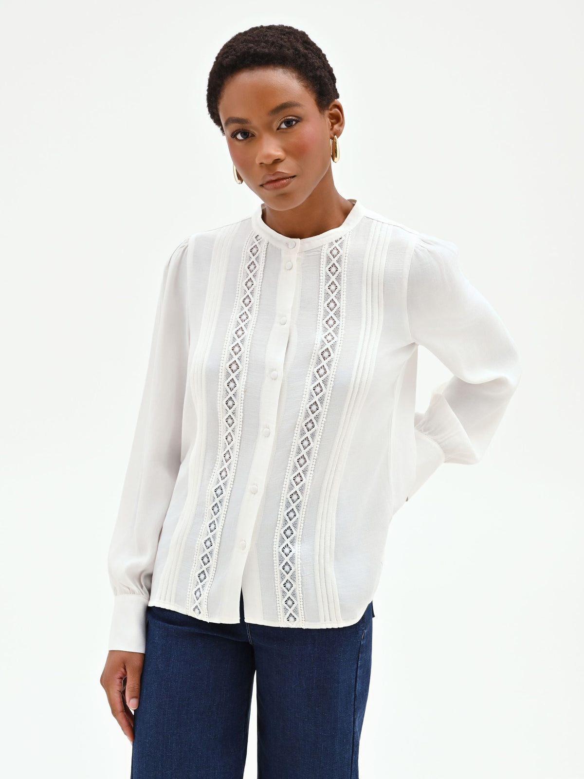 Camicia in viscosa panna con inserti in pizzo