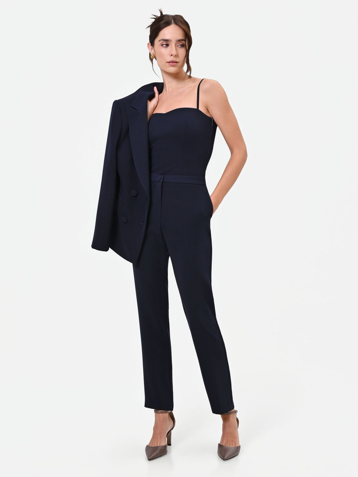 Pantalone Studio gessato in crepe blu navy