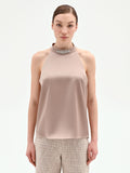 Top tortora beige in raso con applicazione gioiello