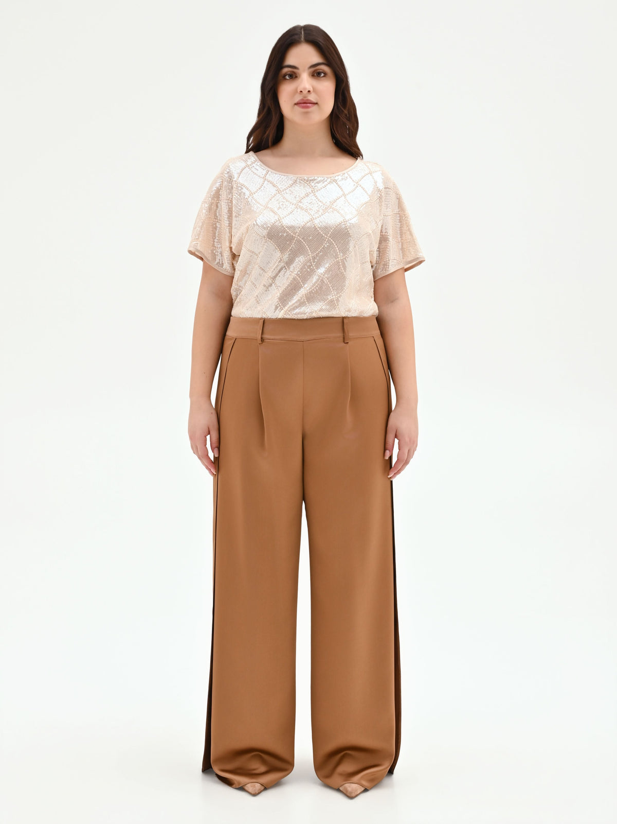 Pantalone curvy a palazzo marrone bronzo