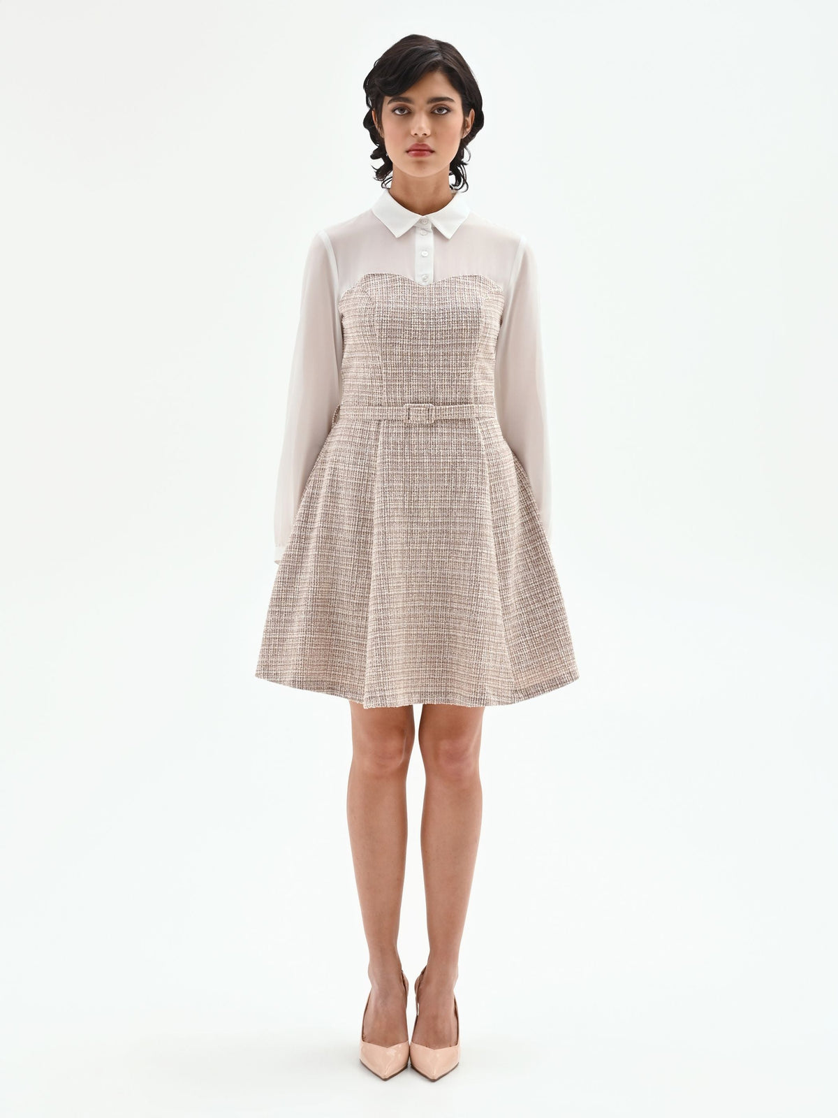 Abito corto combinato in tweed beige chiaro