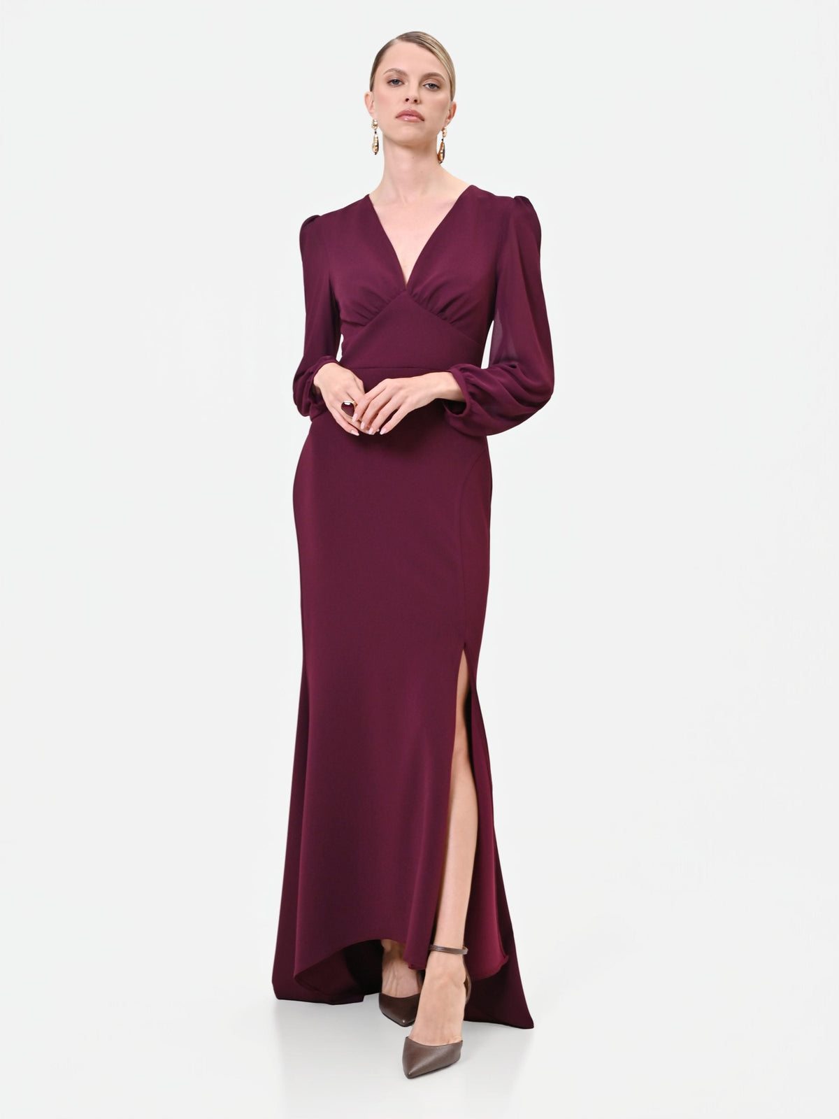 Abito lungo asimmetrico bordeaux rosso