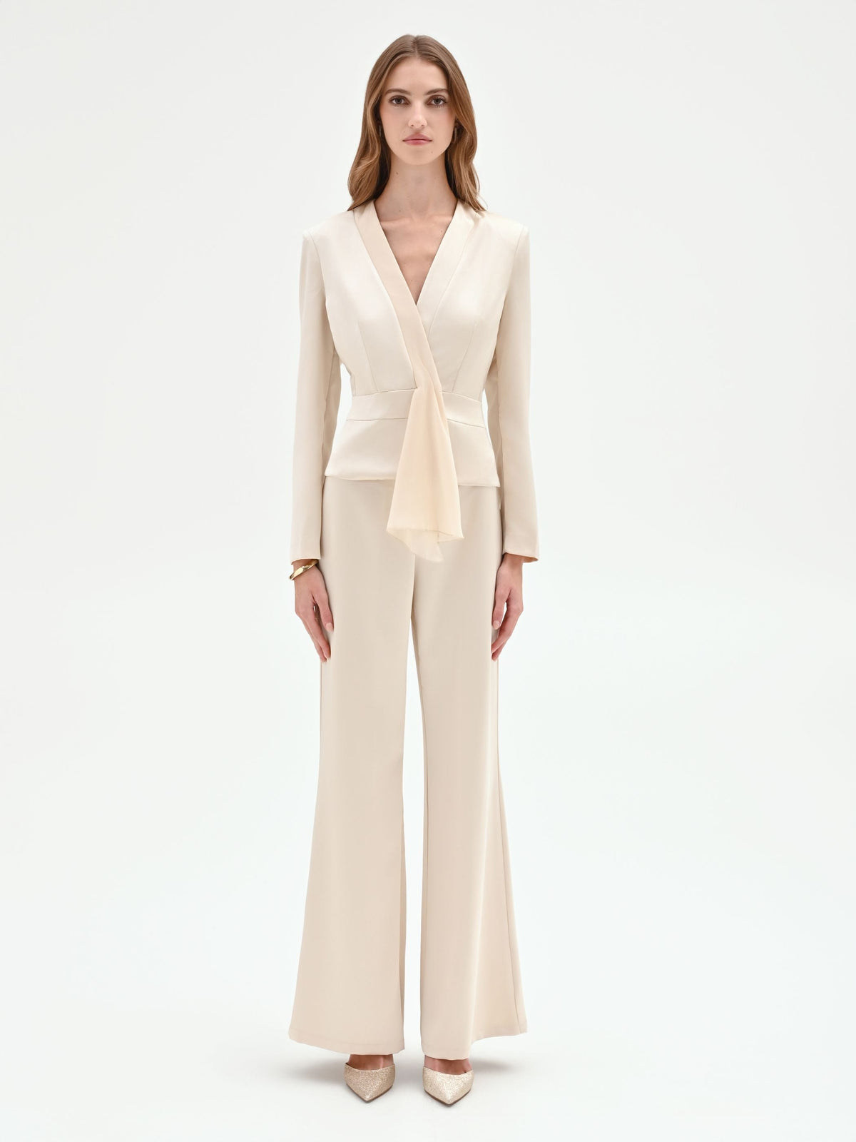 Giacca Beige Chiaro con Drappeggio in Raso