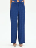 Pantalone gessato gamba ampia blu brillante a vita bassa