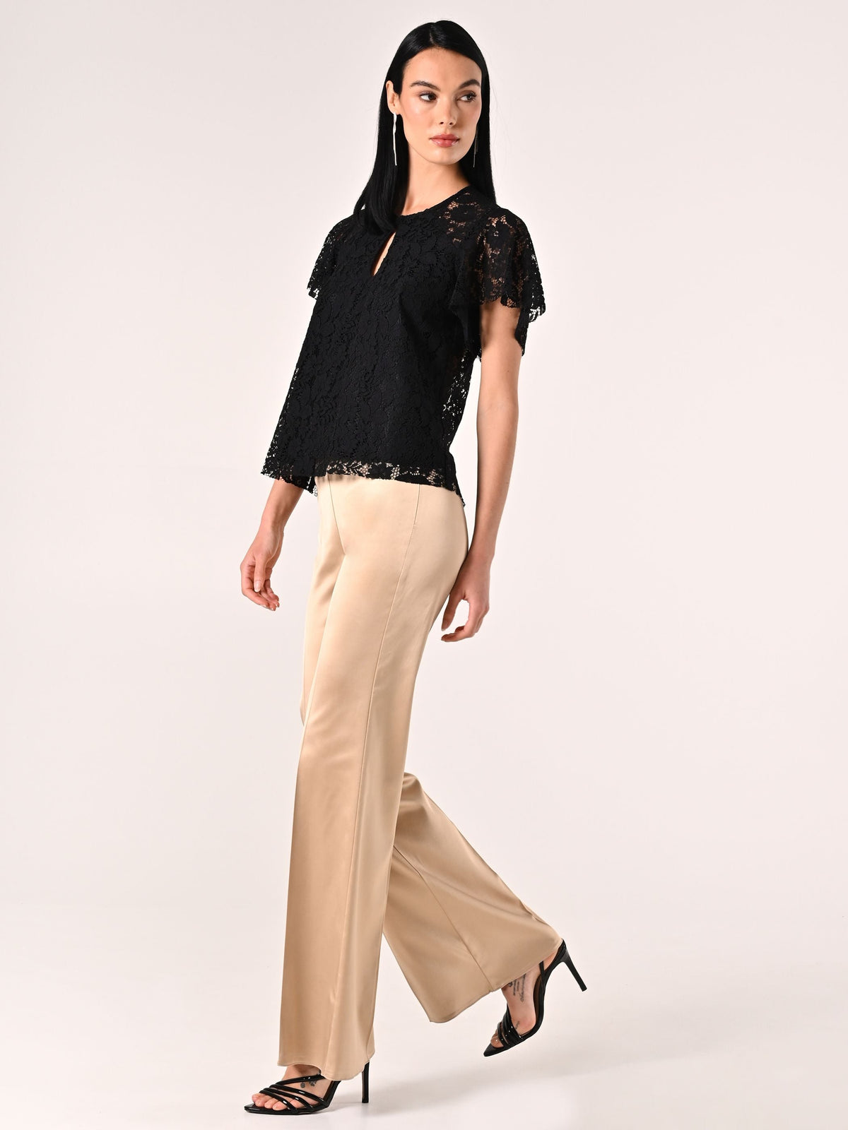 Pantaloni in Raso di Viscosa Beige Scuro