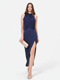 Abito lungo blu navy con drappeggio sullo scollo