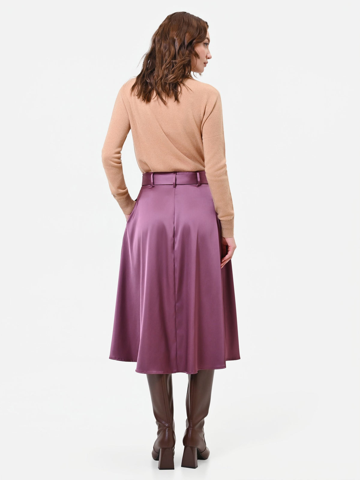 Gonna midi in raso rosa antico con cintura