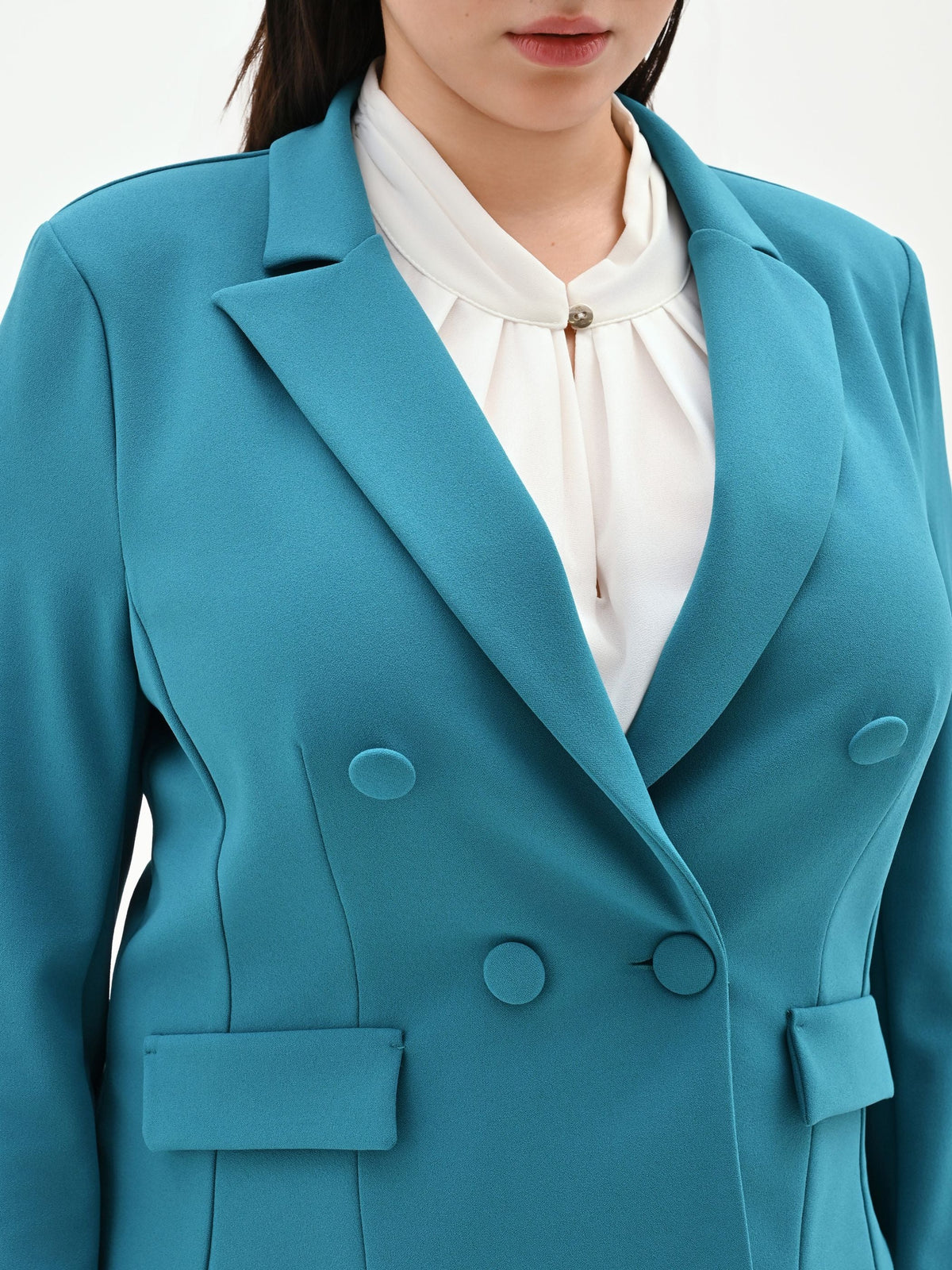 Giacca Curvy doppiopetto blu ottanio in scuba mano crepe