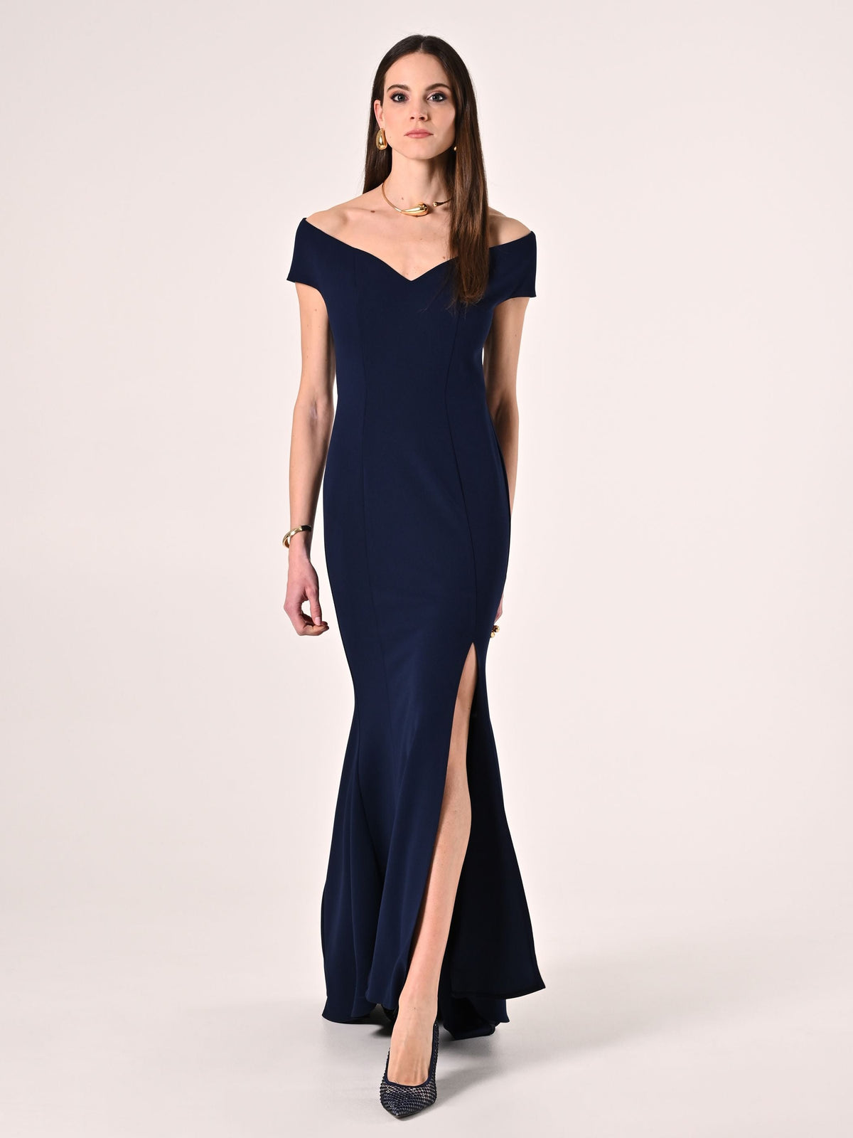 Abito Lungo Blu Navy off-the-Shoulders