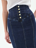 Gonna longuette denim blu navy con bottoni dorati