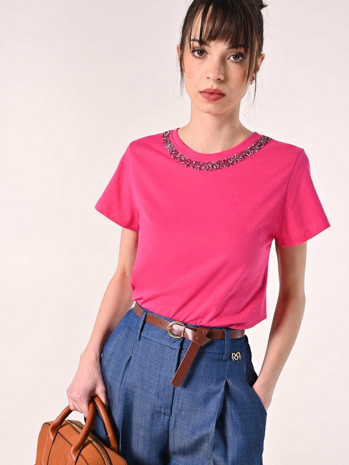 T-Shirt in Cotone Fuxia con Pietre