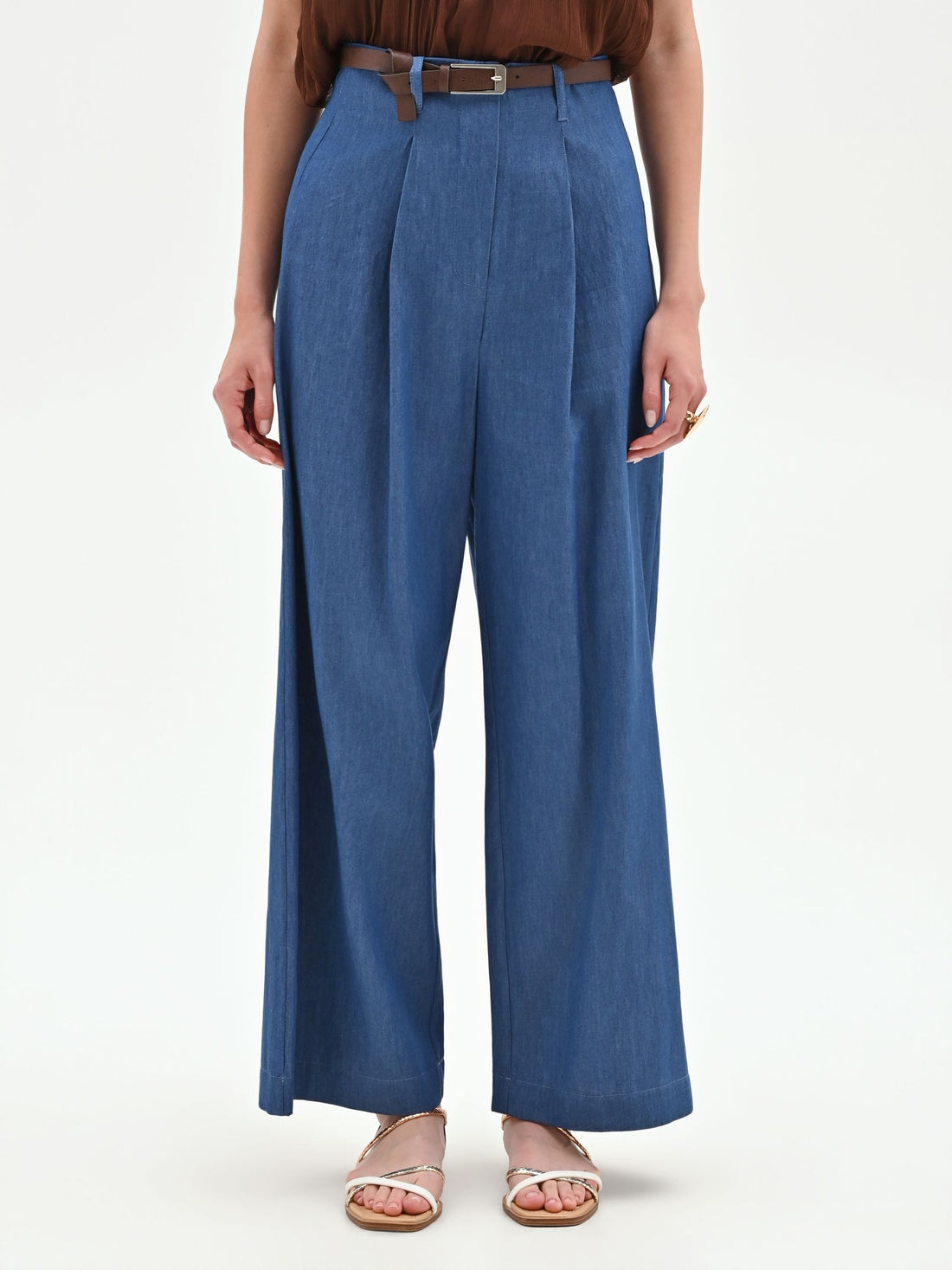 Pantalone a palazzo blu indaco con cintura
