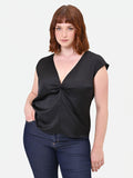 Top Curvy nero in raso con nodo centrale